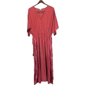 Knox Rose Prairie Boho Embroidered Dress Womens Large Peasant Rust Red Tasseled
